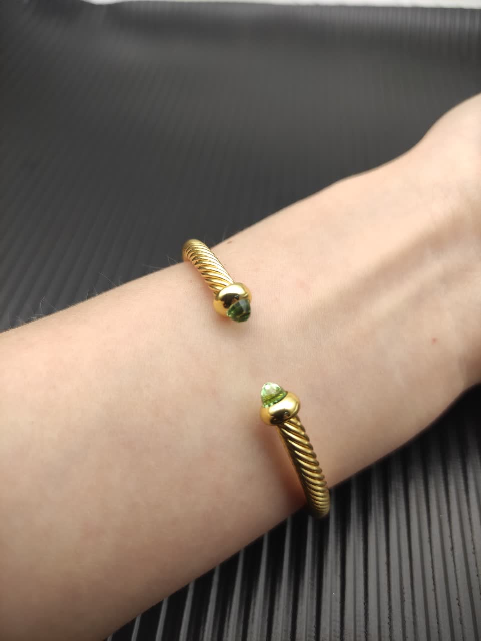 David Yurman Gold Tone Wire Bangle Bracelet with Green Stones David Yurman Gold Tone Wire Bangle Bracelet with Green Stones